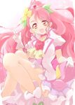  1girl :d ashita_wa_hitsuji choker commentary_request cure_grace dress earrings eyelashes flower gloves hair_flower hair_ornament hanadera_nodoka happy healin&#039;_good_precure highres jacket jewelry long_hair looking_at_viewer magical_girl open_mouth pink_choker pink_dress pink_eyes pink_hair pink_jacket pink_skirt pleated_skirt ponytail precure puffy_short_sleeves puffy_sleeves short_sleeves skirt smile solo white_gloves 