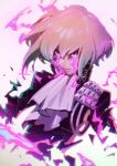  1boy absurdres ascot black_jacket blonde_hair colored_tears crying crying_with_eyes_open fire highres jacket leaning_back lio_fotia looking_at_viewer male_focus mosako promare purple_fire solo tears upper_body violet_eyes white_background white_neckwear 