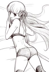  1girl ass bb_(fate) bb_(fate)_(all) black_legwear boa_(brianoa) bra breasts fate/extra fate/extra_ccc fate_(series) greyscale hair_ornament hair_ribbon lingerie long_hair looking_at_viewer monochrome negligee open_mouth panties ribbon smile solo thigh-highs underwear very_long_hair 