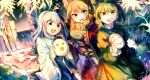  3girls bangs blue_eyes bracer cape cross-laced_clothes dress earmuffs green_dress green_eyes green_hair hat highres itsumizu japanese_clothes kariginu long_sleeves mask medium_hair mononobe_no_futo multiple_girls new_mask_of_hope ofuda ofuda_on_clothes open_mouth orange_hair pink_hair plaid plaid_shirt pointy_hair pom_pom_(clothes) ponytail shirt silver_hair soga_no_tojiko tate_eboshi touhou toyosatomimi_no_miko wide_sleeves yellow_eyes 