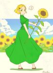  1girl ? alternate_costume bangs blonde_hair blue_sky braid breasts closed_mouth clouds cloudy_sky collared_dress commentary_request day dress flower framed from_behind green_dress green_eyes hair_ornament holding holding_flower long_dress looking_at_viewer looking_back parted_bangs pointy_ears princess_zelda puffy_short_sleeves puffy_sleeves saiba_(henrietta) sandals short_hair short_sleeves sky solo standing sunflower the_legend_of_zelda the_legend_of_zelda:_breath_of_the_wild twitter_username x_hair_ornament 