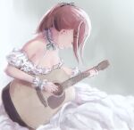  bare_shoulders breasts brown_hair choker closed_eyes closed_mouth frilled_choker frills guitar hair_ornament hairclip halterneck highres instrument large_breasts low_neckline music nijisanji playing_instrument ponytail rhinth short_hair sidelocks spaghetti_strap suzuhara_lulu virtual_youtuber x_hair_ornament 