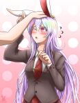  1girl absurdres animal_ears bangs blazer blouse blush breasts buttons carrot collared_blouse eyebrows_visible_through_hair hand_on_another&#039;s_head highres jacket large_breasts light_purple_hair long_hair long_sleeves necktie one_eye_closed open_mouth out_of_frame petting purple_hair rabbit_ears red_eyes red_neckwear red_skirt reisen_udongein_inaba renzibun simple_background skirt solo solo_focus touhou very_long_hair white_blouse 