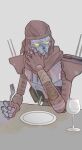  1boy absurdres apex_legends covering_mouth cup drinking_glass fork glowing glowing_eyes highres holding holding_fork looking_at_viewer no_humans open_hand plate red_bandana revenant_(apex_legends) science_fiction sitting solo upper_body wine_glass yellow_eyes yougi_shaaru 