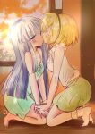  2girls barefoot blonde_hair blue_eyes blue_hair blush closed_eyes fukunukko furude_rika headband highres higurashi_no_naku_koro_ni holding_hands houjou_satoko kiss multiple_girls seiza sitting socks sunset window wooden_floor yuri 