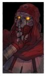  1boy absurdres apex_legends black_background finger_to_mouth glowing glowing_eyes highres humanoid_robot looking_to_the_side male_focus no_humans open_mouth red_bandana revenant_(apex_legends) science_fiction solo upper_body yellow_eyes yougi_shaaru 