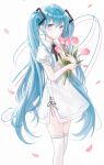  1girl absurdres bangs blue_eyes blue_hair closed_mouth collared_shirt commentary dress eyebrows_visible_through_hair flower hair_between_eyes hatsune_miku highres holding holding_flower iren_lovel long_hair looking_at_viewer petals pink_flower puffy_short_sleeves puffy_sleeves see-through shirt short_sleeves simple_background solo thigh-highs tulip twintails very_long_hair vocaloid white_background white_dress white_legwear 