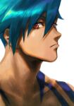  1boy blue_hair close-up from_side hair_behind_ear hair_between_eyes head_tilt highres kamina_(ttgl) male_focus mosako red_eyes shirtless solo tengen_toppa_gurren_lagann upper_body v-shaped_eyebrows white_background 