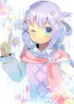  1girl ;) blue_eyes blue_flower braid closed_mouth collared_shirt commentary_request cup floral_background flower green_eyes hair_ornament hair_rings hand_up index_finger_raised indie_virtual_youtuber kouu_hiyoyo liah_foxtrot long_hair long_sleeves looking_at_viewer multicolored multicolored_eyes one_eye_closed pink_flower purple_flower purple_hair shirt single_braid smile solo star_(symbol) star_hair_ornament striped striped_background sweater_vest teacup upper_body vertical_stripes very_long_hair white_shirt x_hair_ornament 