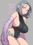  1girl 2021 agawa_ryou bare_shoulders breasts dated detached_sleeves english_commentary grey_background large_breasts long_hair looking_at_viewer original parted_lips short_shorts shorts sideboob silver_hair simple_background sleeves_past_wrists solo thick_thighs thighs violet_eyes 