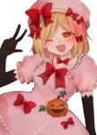  1girl black_gloves blonde_hair bow dress gloves hat hat_bow hat_ribbon lambdadelta one_eye_closed open_mouth orange_eyes pink_dress pink_headwear puffy_short_sleeves puffy_sleeves red_bow red_ribbon ribbon short_sleeves smile solo tanakani39 umineko_no_naku_koro_ni white_background 