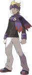  1boy blonde_hair clenched_hands closed_mouth full_body gym_leader headband highres long_sleeves male_focus morty_(pokemon) official_art pants pokemon pokemon_(game) pokemon_hgss purple_headband purple_scarf scarf shoes smile solo standing sugimori_ken sweater transparent_background white_pants 
