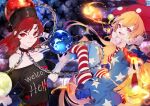  2girls absurdres american_flag american_flag_dress american_flag_legwear black_shirt blonde_hair clownpiece commentary_request earth_(ornament) fairy_wings hat hecatia_lapislazuli highres jester_cap long_hair maimuro moon_(ornament) multicolored multicolored_clothes multicolored_skirt multiple_girls pink_eyes plaid plaid_skirt polka_dot_headwear polos_crown red_eyes redhead shirt short_hair skirt starry_background t-shirt torch touhou touhou_calamity wings 