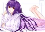  1girl absurdres bangs barefoot blush breasts fate/grand_order fate_(series) feet feet_up hair_between_eyes highres ichi_yoshida jewelry large_breasts long_hair long_sleeves looking_at_viewer lying necklace on_stomach open_mouth pendant purple_hair purple_skirt red_eyes scathach_(fate)_(all) scathach_skadi_(fate) shirt skirt smile the_pose under_the_same_sky white_shirt 