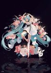  1girl absurdres animal armpits arms_up ballet ballet_slippers bangs bare_shoulders blue_eyes blue_hair clothed_animal commentary crypton_future_media detached_sleeves dress eyebrows_visible_through_hair flower hair_between_eyes hair_flower hair_ornament hatsune_miku head_tilt highres long_hair miku_with_you_(vocaloid) official_art panda pink_flower pink_footwear pink_rose puffy_short_sleeves puffy_sleeves reflection rose see-through see-through_sleeves shoes short_sleeves single_thighhigh sleeveless sleeveless_dress solo standing standing_on_one_leg thigh-highs tiptoes twintails very_long_hair vocaloid white_dress white_flower white_legwear white_rose zhibuji_loom 