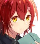  1boy book closed_mouth face hair_between_eyes hair_ornament hanasaki_miyabi holding holding_book holostars looking_at_viewer male_focus nyokkiiiiin redhead simple_background smile solo symbol_commentary virtual_youtuber white_background yellow_eyes 