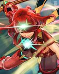  1girl breasts chest_jewel english_commentary glowing hair_over_one_eye headpiece highres holding holding_weapon john_crayton large_breasts lips mechanical_wings pyra_(xenoblade) red_eyes redhead short_hair solo super_smash_bros. tagme tiara weapon wings xenoblade_chronicles_(series) xenoblade_chronicles_2 
