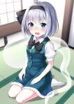  1girl bangs black_bow black_hairband black_neckwear black_ribbon blue_eyes blurry blurry_background blush bob_cut bow bowtie breasts buttons collared_shirt commentary_request d: eyebrows_visible_through_hair from_above green_skirt green_vest hair_ribbon hairband indoors konpaku_youmu konpaku_youmu_(ghost) looking_at_viewer nose_blush open_mouth puffy_short_sleeves puffy_sleeves ribbon seiza shirt short_hair short_sleeves silver_hair sitting skirt small_breasts solo suzuno_naru tatami touhou v-shaped_eyebrows vest white_legwear white_shirt 