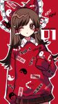  1girl ;o alternate_costume brown_hair commentary_request cowboy_shot hakurei_reimu highres kyouda_suzuka long_hair looking_at_viewer one_eye_closed red_sweater solo sweater touhou 