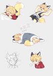  &gt;_&lt; 1boy absurdres animal_ears barefoot blonde_hair blue_eyes blush bokustar_fox fox_boy fox_ears fox_tail grey_background hair_between_eyes highres hood hoodie male_focus multiple_views original simple_background sleeping tail under_covers x_x zzz 