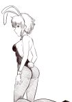  1girl animal_ears ass bare_shoulders black_lagoon boa_(brianoa) breasts bunny_girl bunny_tail closed_mouth detached_collar fake_animal_ears greyscale highres leotard looking_at_viewer monochrome pantyhose playboy_bunny rabbit_ears sawyer_the_cleaner short_hair simple_background small_breasts solo strapless tail white_background 