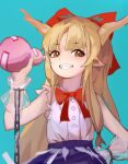  1girl bangs bare_shoulders blue_background blue_skirt bottle bow bowtie brown_eyes buttons chain eyebrows_visible_through_hair flat_chest gourd grin hair_bow hand_up highres holding holding_bottle horns ibuki_suika light_brown_hair long_hair looking_at_viewer oni_horns parted_bangs pointy_ears red_bow red_neckwear see-through shirt sidelocks simple_background siyumu skirt sleeveless sleeveless_shirt smile solo torn_clothes touhou upper_body very_long_hair white_shirt wrist_guards 