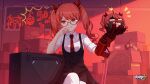  1girl black_skirt bomb box collared_shirt frederica_nikola_tesla gauntlets glasses grin hair_ribbon head_rest highres honkai_(series) honkai_impact_3rd long_hair looking_at_viewer necktie official_art pantyhose pleated_skirt red-framed_eyewear red_eyes red_theme redhead ribbon shirt short_sleeves sitting skirt smile solo twintails underbust v-shaped_eyebrows white_legwear white_shirt 