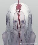  1girl 91007 blood breasts edelgard_von_hresvelg fire_emblem fire_emblem:_three_houses hair_ornament hair_ribbon highres long_hair looking_at_viewer nude pale_skin ribbon sad simple_background solo violet_eyes white_hair 