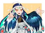  1boy androgynous aqua_hair blue_hair eyeshadow face fate/grand_order fate_(series) forehead_jewel hat long_hair makeup male_focus multicolored_hair orange_eyes outstretched_arms peacock_feathers qin_shi_huang_(fate) red_eyeshadow sindri smile solo sparkle spread_arms streaked_hair upper_body very_long_hair white_hair younger 