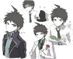  1boy ? absurdres alternate_costume asuna_(doruru-mon) bangs black_bow black_jacket bow bowtie breast_pocket brown_eyes brown_hair commentary_request dangan_ronpa_(series) dangan_ronpa_10th_anniversary_costume dangan_ronpa_2:_goodbye_despair flower food green_neckwear green_shirt highres hinata_hajime jacket male_focus monokuma multiple_views necktie official_alternate_costume open_clothes open_jacket pale_skin parted_lips pocket purple_jacket red_flower red_rose rose shirt short_hair simple_background sketch smile sweatdrop teeth translation_request vest white_background white_jacket white_shirt white_vest 