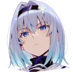  1girl blue_eyes closed_mouth frown hair_between_eyes hair_intakes hair_ornament hairband looking_at_viewer portrait ryuuou_no_oshigoto! shirabi simple_background snowflake_hair_ornament solo sora_ginko white_background 