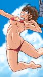  1girl aono3 bangs barefoot baseball_cap bikini blue_sky braid braided_ponytail brown_eyes brown_hair clouds cloudy_sky day eyebrows_visible_through_hair from_side girls_und_panzer grin groin hair_ornament hairclip hat hat_removed headwear_removed highres jumping legs_up long_hair medium_hair micro_bikini navel red_bikini rukuriri_(girls_und_panzer) single_braid sky smile solo spiking sweatdrop swimsuit white_headwear 