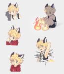  1boy :p absurdres akanbe animal_ears arrow barefoot blonde_hair blue_eyes blush bokustar_fox fire fox_boy fox_ears fox_tail grey_background hair_between_eyes highres hood hoodie male_focus multiple_views original red_hoodie simple_background solo_focus tail tears tongue tongue_out trembling wavy_mouth 