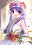  1girl :d bangs blurry blurry_background blush bridal_veil bride brown_flower commentary_request depth_of_field dress elbow_gloves eyebrows_visible_through_hair flower gloves hair_between_eyes hair_flower hair_ornament hairclip holding holding_flower indoors kyouka_(princess_connect!) long_hair looking_at_viewer lydia601304 open_mouth petals princess_connect! princess_connect!_re:dive puffy_short_sleeves puffy_sleeves purple_hair red_flower red_rose rose see-through see-through_sleeves short_sleeves smile solo tiara veil very_long_hair violet_eyes wedding_dress white_gloves 