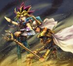  2boys armor belt black_hair blonde_hair brown_eyes cape card chain choker commentary dark_skin dark_skinned_male deadspike_nine duel_disk duel_monster feet_out_of_frame gold_armor holding holding_card holding_staff jacket jacket_on_shoulders long_hair mahado male_focus millennium_puzzle multicolored_hair multiple_belts multiple_boys outstretched_arm palladium_oracle_mahad purple_hair school_uniform shoulder_armor spiky_hair staff vambraces violet_eyes wind yami_yuugi yu-gi-oh! yu-gi-oh!_the_dark_side_of_dimensions 