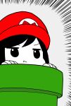  1girl :t bangs closed_mouth commentary_request cosplay emphasis_lines grey_background hat highres hitori_bocchi hitoribocchi_no_marumaru_seikatsu jitome katsuwo_(cr66g) looking_to_the_side mario mario_(cosplay) super_mario_bros. partially_colored pout red_headwear simple_background solo warp_pipe 