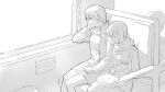  2girls box closed_eyes coat erica_hartmann gertrud_barkhorn holding_hands interlocked_fingers long_hair looking_out_window monochrome multiple_girls ponytail rekari_(rekari628) scarf short_hair sitting sleeping strike_witches train_interior window world_witches_series yuri 