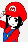  1girl adjusting_clothes adjusting_headwear arm_up bangs blue_overalls blush closed_mouth cosplay disconnected_mouth dot_nose grey_background hat highres hitori_bocchi hitoribocchi_no_marumaru_seikatsu katsuwo_(cr66g) long_hair long_sleeves looking_at_viewer mario mario_(cosplay) super_mario_bros. nintendo overalls partially_colored red_headwear red_shirt shirt simple_background solo tokyo_mx upper_body 