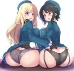  2girls absurdres ass atago_(kancolle) black_gloves black_hair black_panties blonde_hair blush breast_press breasts butt_crack commentary_request commission dress dress_lift garter_straps gloves grey_panties hat highres kantai_collection kurokoshou_(emuburemu123) large_breasts long_hair looking_at_viewer looking_back multiple_girls panties panties_under_pantyhose pantyhose red_eyes short_hair sitting skeb_commission takao_(kancolle) underwear violet_eyes 