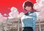  1girl braid braided_ponytail chainsaw_man clouds cloudy_sky graveyard ice_reizou looking_at_viewer makima_(chainsaw_man) necktie red_eyes red_sky redhead shirt sky white_shirt 