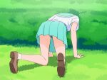  1girl all_fours brown_footwear grass green_skirt haruyama_kazunori head_out_of_frame natsuumi_manatsu palm_tree_print panties pantyshot precure print_panties school_uniform shoes short_sleeves skirt solo tropical-rouge!_precure underwear 