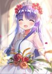  1girl :d ^_^ bangs blurry blurry_background blush bridal_veil bride brown_flower closed_eyes depth_of_field dress elbow_gloves eyebrows_visible_through_hair facing_viewer flower gloves hair_between_eyes hair_flower hair_ornament hairclip holding holding_flower indoors kyouka_(princess_connect!) long_hair lydia601304 open_mouth petals princess_connect! princess_connect!_re:dive puffy_short_sleeves puffy_sleeves purple_hair red_flower red_rose rose see-through see-through_sleeves short_sleeves smile solo tiara veil very_long_hair wedding_dress white_gloves 