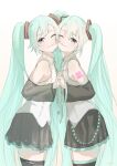  2girls absurdres arm_tattoo azusa_(azunyan12) bangs black_skirt blue_eyes boots breasts detached_sleeves dual_persona eyebrows_behind_hair gradient gradient_background hair_between_eyes hatsune_miku hatsune_miku_(nt) highres holding_hands long_hair looking_at_viewer looking_to_the_side multiple_girls one_eye_closed skirt small_breasts smile tattoo thigh-highs thigh_boots twintails very_long_hair vocaloid 