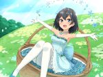  1girl :d absurdres alternate_costume armpits bangs bare_shoulders basket black_hair blue_eyes blue_flower blue_footwear blue_sky blush breasts collarbone commentary day dress elbow_gloves flower gloves greater_lophorina_(kemono_friends) head_wings highres in_basket jewelry kemono_friends looking_at_viewer medium_breasts nature necklace open_mouth outdoors outstretched_arms pantyhose shiraha_maru shoes short_hair sky smile solo spread_arms strapless strapless_dress white_dress white_gloves white_legwear 