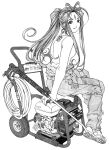 aa_megami-sama belldandy car_wash facial_markings flowing_hair forehead_mark girl goddess long_hair looking_at_viewer machinery manga_art monochrome pumps ring shoes sitting sitting_on_object sleeveless sleveless_shirt sneakers trousers water_pump work_trousers