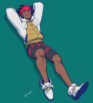  1boy alternate_color arms_behind_head blue_eyes closed_mouth dark_skin dark_skinned_male earrings full_body green_background grey_shorts hood hoodie jewelry knees lying male_focus on_back pokemon pokemon_(game) pokemon_swsh raihan_(pokemon) shoes shorts side_slit side_slit_shorts simple_background smile solo undercut unko_yoshida white_footwear white_hoodie 