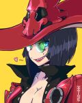  1girl bangs black_hair blue_eyes guilty_gear guilty_gear_strive hat heart heterochromia highres i-no jacket looking_at_viewer mole mole_above_mouth red_headwear red_jacket red_lips short_hair smirk straight_hair sunglasses totzthegreat witch_hat yellow_eyes 