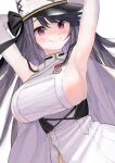  1girl armpits azur_lane black_hair breasts coat elbow_gloves gloves hat long_hair looking_at_viewer medal ootani_nonno pamiat_merkuria_(azur_lane) peaked_cap retrofit_(azur_lane) sideboob simple_background smile solo very_long_hair violet_eyes white_background white_coat white_gloves white_headwear 