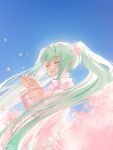  1girl 39 :d bangs bare_shoulders blue_sky blush cherry_blossoms closed_eyes collared_shirt commentary day detached_sleeves eyebrows_visible_through_hair floating_hair flower green_hair hair_between_eyes hair_flower hair_ornament hands_up hatsune_miku highres holding holding_flower long_hair long_sleeves maya_g open_mouth outdoors pink_flower pink_sleeves see-through see-through_sleeves shirt sky sleeveless sleeveless_shirt smile solo twintails very_long_hair vocaloid white_shirt wide_sleeves 