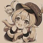  1boy 1girl ahoge blush bone_necklace cabbie_hat face feathers genshin_impact greyscale half-closed_eyes hat highres hood klee_(genshin_impact) long_sleeves monochrome open_mouth pointy_ears razor_(genshin_impact) sasha_chii short_twintails smile twintails 